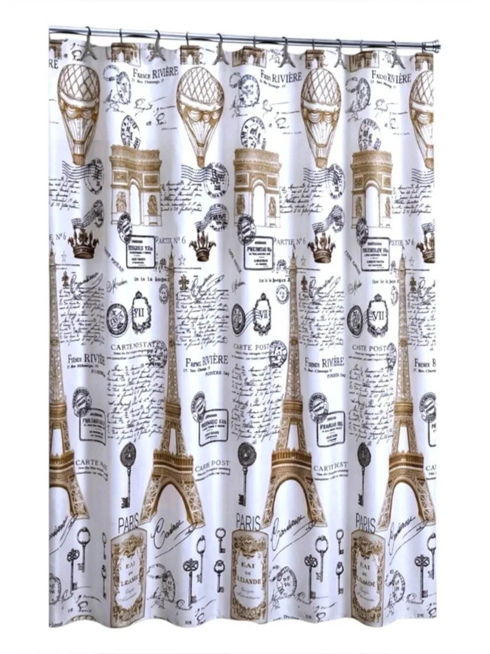 Paris Eiffel Tower Material Fabric Shower Curtain White Gold 70’x 72” NEW